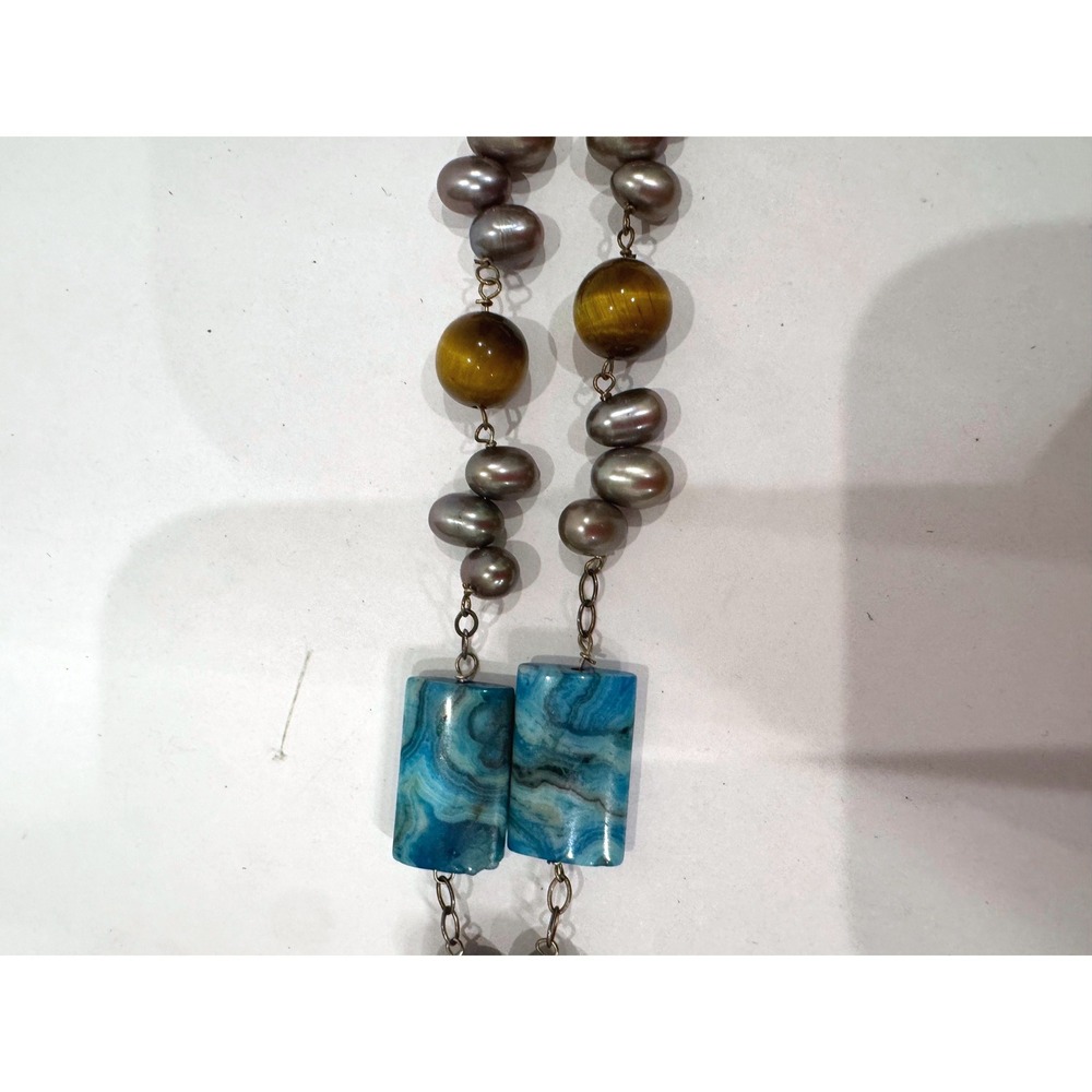Boho Blue Agate Stone Necklace & Earrings Set Tiger Eye Pearl‎ Beaded Statement - Picture 6 of 9